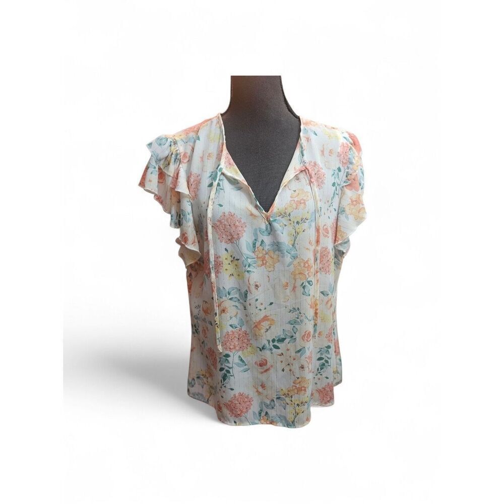 80 Park Pastel Floral V-Neck Ruffle Sleeve Blouse Size XL